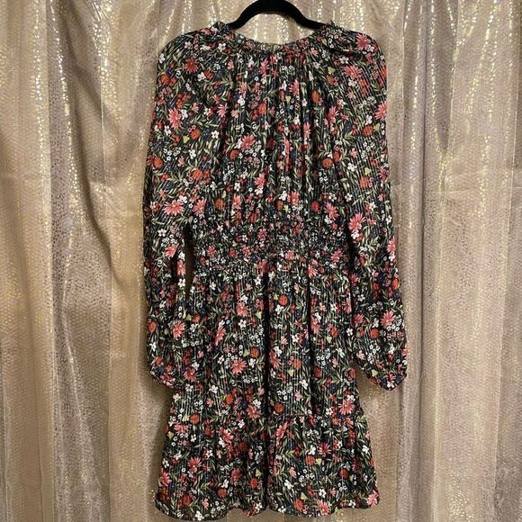 Old Navy Black Floral Gold Stripe Waist-Defined Shine Mini Dress Small Tall NWT - Picture 2 of 10